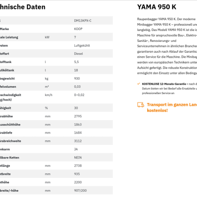 Yama950k Technische Daten